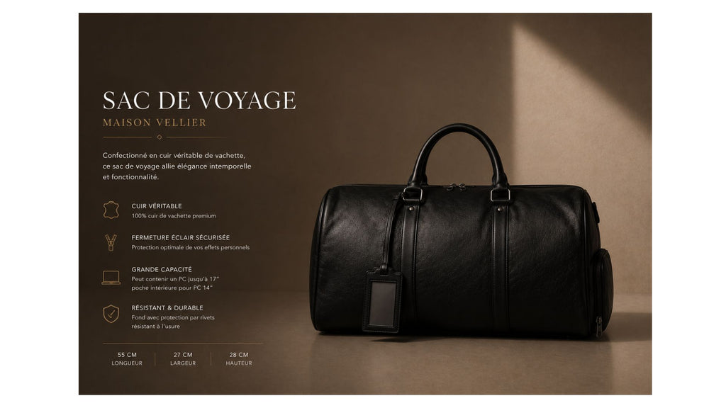 Sac de Voyage en Cuir Noir Maison Vellier