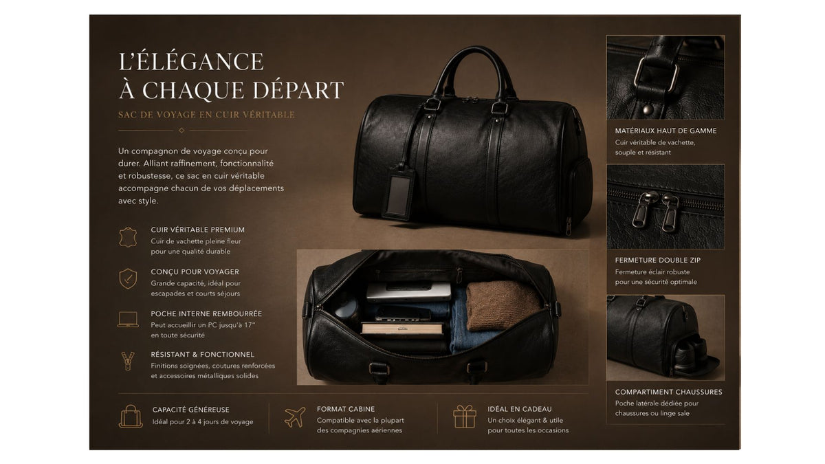 Sac de Voyage en Cuir Marron Maison Vellier